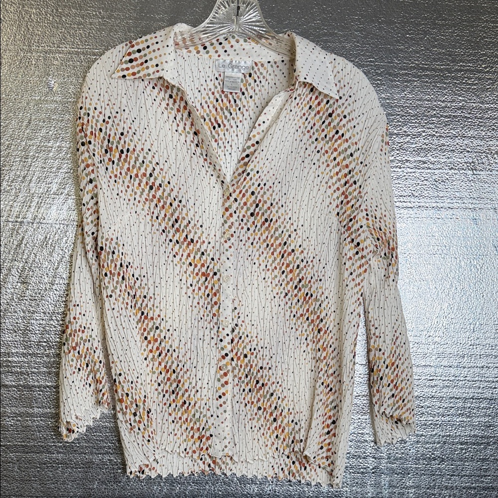 90s Women's White Button-Down Shirt with Multicolor Dots